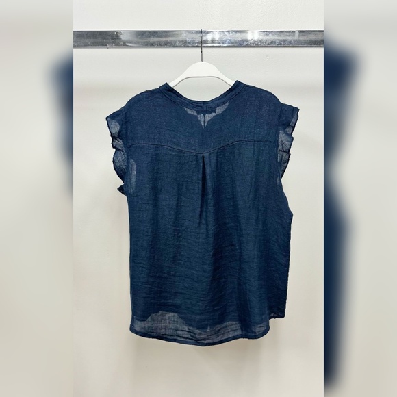 (8093-NVY) SOLID RUFFLE SHORT SLEEVE CHEST POCKET BUTTON DOWN LINEN TOP - Picture 2 of 6
